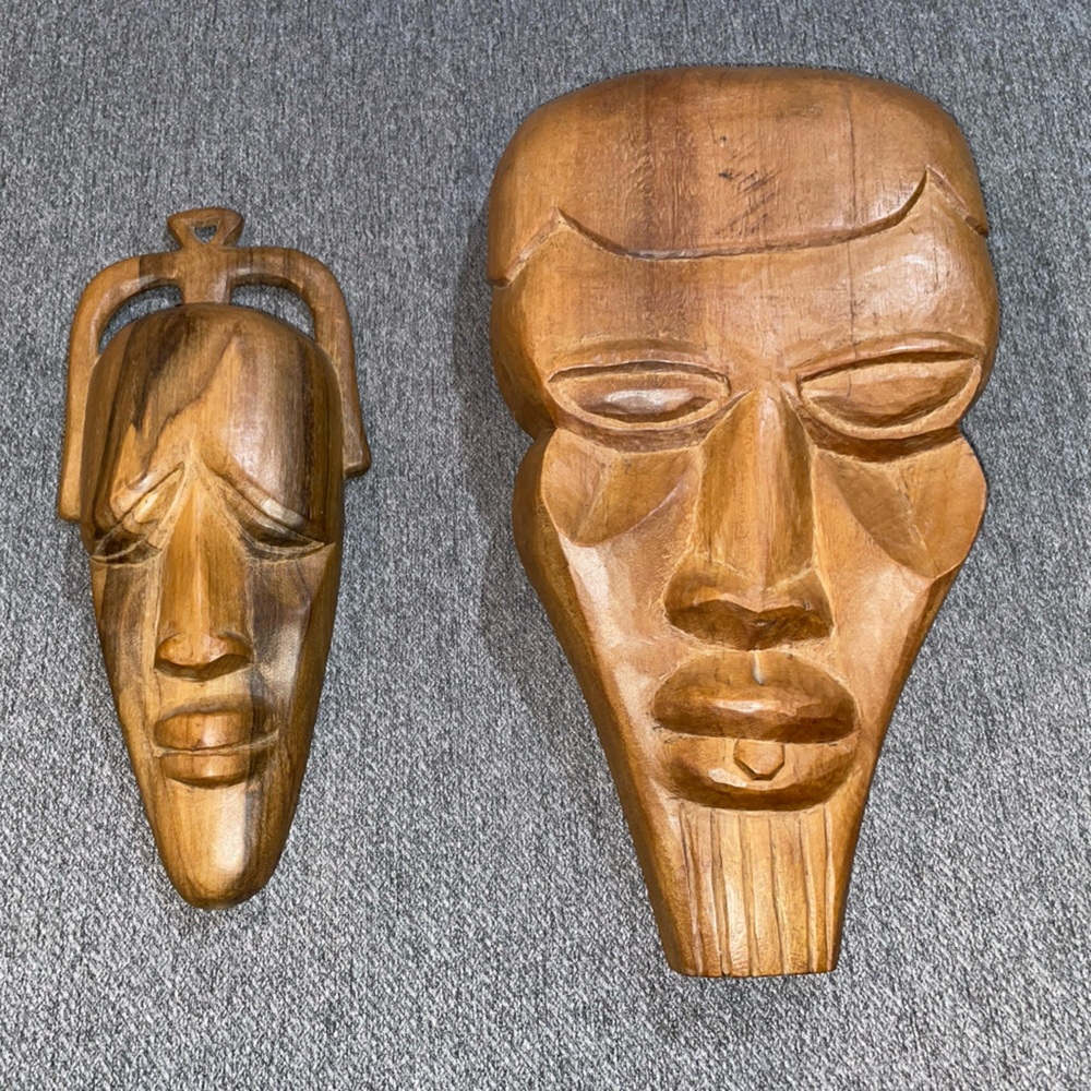 Vintage Wooden Hand Made Carved African Tribal Mask Wall Art Lot of 2
